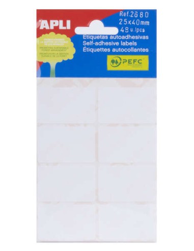 Apli Pack de 48 Etiquetas Retangulares 25x40mm - 6 Folhas de 8 Etiquetas - Adesivo Permanente - Cantos Arredondados - Adequadas