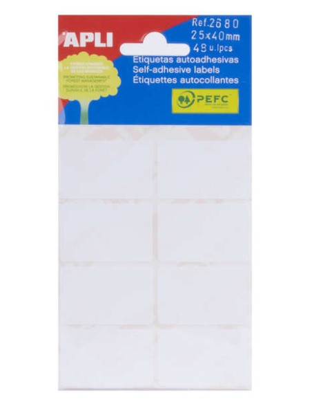 Apli Pack de 48 Etiquetas Retangulares 25x40mm - 6 Folhas de 8 Etiquetas - Adesivo Permanente - Cantos Arredondados - Adequadas