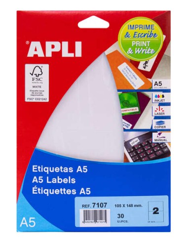 Apli Pack de 30 Etiquetas Retangulares 105x148mm - 15 Folhas por 2 Etiquetas - Adesivo Permanente - Cantos Retos - Cor Branca