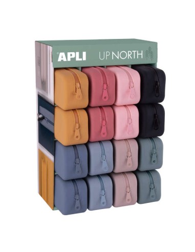 Apli Up North Expositor de 16 Estojos de Silicone Retangular - Zíper Repelente à Água - Medidas 75x185x55mm - Cores Sortidas