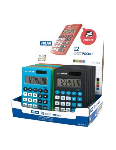 Milan Pocket Expositor com 12 Calculadoras de Bolso - 8 Dígitos - Toque Suave - Cores Sortidas