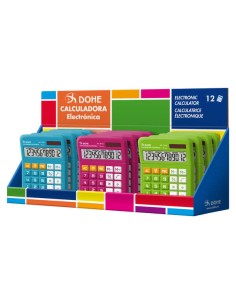 Dohe Expositor de 12 Calculadoras - Alimentação Solar e a Pilhas - 12 Dígitos - Teclas de Memória - Cores Sortidas