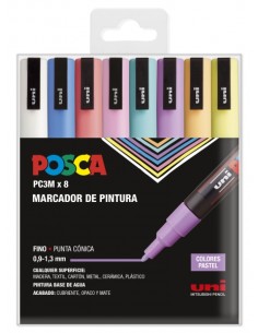 Posca PC3M Pack de 8 Marcadores de Pintura - Ponta Cônica 0.9-1.3mm - Tinta à Base de Água - Resistente à Luz - Ideal para Cart