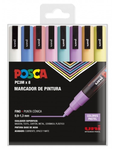 Posca PC3M Pack de 8 Marcadores de Pintura - Ponta Cônica 0.9-1.3mm - Tinta à Base de Água - Resistente à Luz - Ideal para Cart