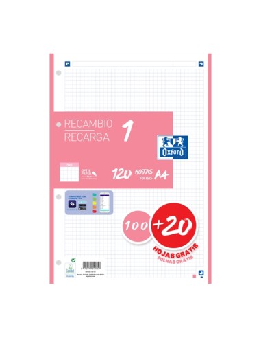 Oxford School Recarga A4 120 Folhas Quadriculado 5x5mm - 4 Furos - Faixa de Cor Rosa