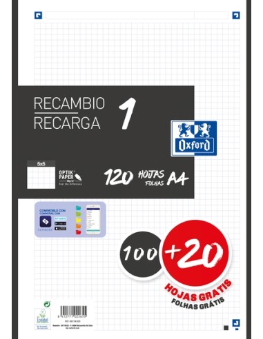 Oxford School Recarga A4 120 Folhas Quadriculado 5x5mm - 4 Furos - Faixa de Cor Preta