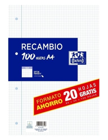 Oxford Recarga Formato A4 Quadriculado 4x4mm 4 Furos - 80 Folhas + 20 Grátis 90g com Margem