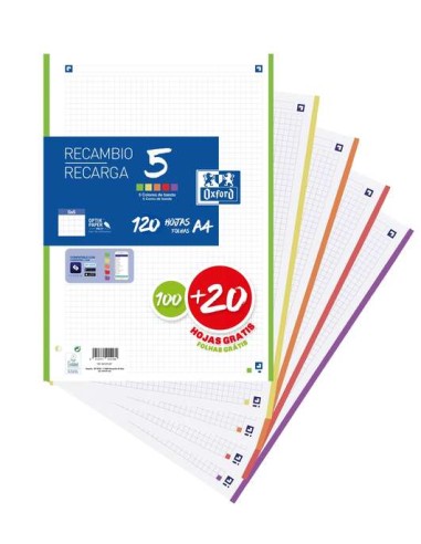 Oxford Recarga de 120 Folhas Formato A4 Quadriculado 5x5mm 4 Furos - Faixa de 5 Cores Vivas