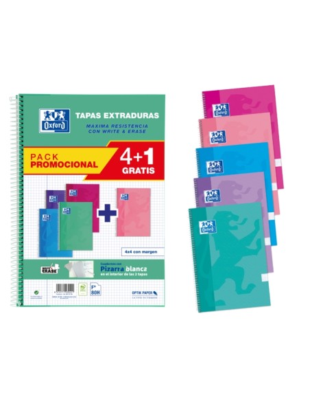 Oxford School Classic Write&Erase Pack 4+1 Fº - Caderno Espiral - Capa Dura - 4x4 com Margem - 80 Folhas - Cores Sortidas