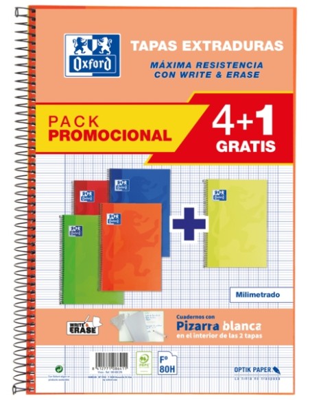 Oxford School Classic Write&Erase Pack 4+1 Fº - Caderno Espiral Capa Dura - Milimetrado com Margem - 80 Folhas - Cores Sortidas