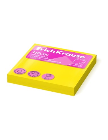 ErichKrause Bloco de 100 Notas Adesivas 75x75mm - Removíveis - Cor Amarelo Neon