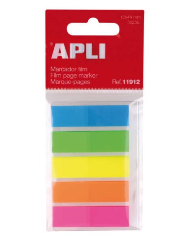 Índices Adesivos de Filme Apli 45x12mm 5 Cores Fluorescentes - 25 Índices por Cor - Fácil de Colar e Descolar - Ideal para Marc