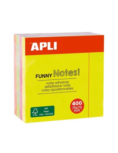 Apli Funny Cubo de 400 Notas Autoadesivas 75 x 75 mm - Cores Sortidas Fluorescentes