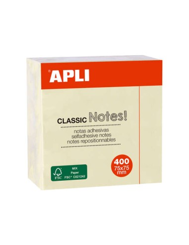 Apli Notas Adesivas Classic 75x75mm - Cubo de 400 Folhas - Adesivo de Qualidade - Fácil de Descolar - Amarelo
