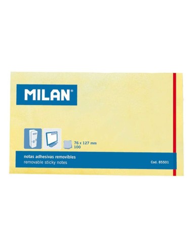Bloco de 100 Notas Adesivas Milan - Removíveis - 76mm x 127mm - Cor Amarelo Claro