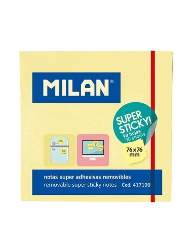 Bloco de 90 Notas Super Adesivas Milan - Removíveis - Maior Permanência - 76mm x 76mm - Cor Amarelo Claro