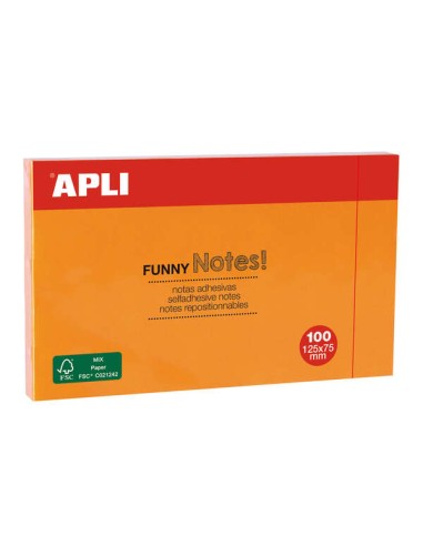 Notas Adesivas Funny Apli 125x75mm - Bloco de 100 Folhas - Adesivo de Qualidade - Cor Laranja Fluorescente