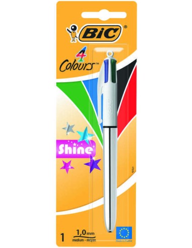 Bic 4 Cores Shine Caneta Esferográfica Retrátil - Ponta Média de 1,0 mm - Tinta à Base de Óleo - 4 Cores de Tinta