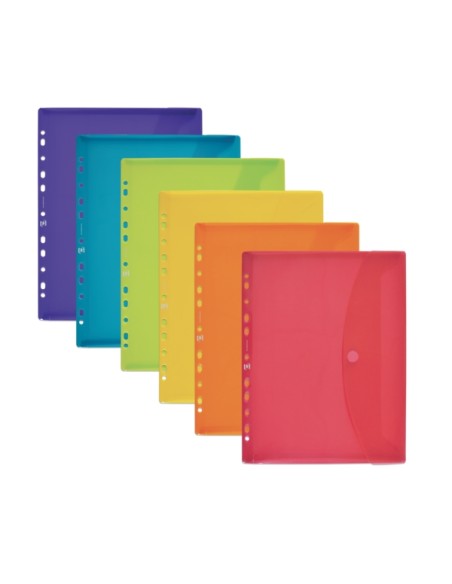 Oxford Pasta Multifuros A4 - Capacidade para 25 Folhas - Fecho de Velcro - 11 Furos - Plástico Flexível Translúcido - Cores Sor