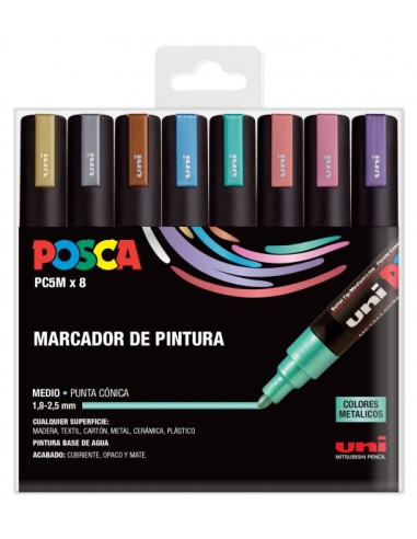 Posca PC-5M/8C Estojo de 8 Marcadores de Pintura - Ponta de Bala 1.8-2.5mm - Tinta à Base de Água - Resistente à Luz - Não Perm