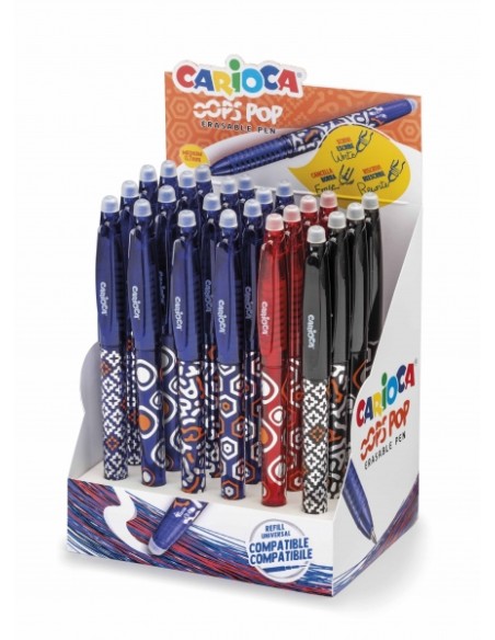 Carioca Oops Pop Expositor de 24 Canetas Apagáveis - Termossensível - Pega Texturizada - Ponta de Ø 0,7mm - Dupla Borracha - Re