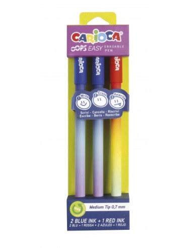 Carioca Oops Easy Pack de 3 Canetas Apagáveis com Ponta de Ø 0.7mm - Tinta Termossensível - Corpo com Efeito Degradê - Dupla Bo