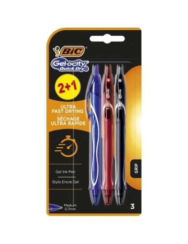 Bic Gel-Ocity Quick Dry 2+1 Pack com 3 Canetas Retráteis - Grip de Borracha - Ponta Média de 0.7mm - Secagem Ultra Rápida - Não