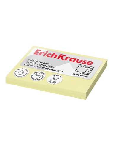 Bloco de 100 Notas Adhesivas ErichKrause 50x75mm - Removíveis - Cor Amarelo Claro