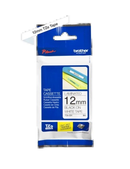 Brother TZe231 Fita Laminada Original de Etiquetas - Texto preto sobre fundo branco - Largura 12mm x 8 metros