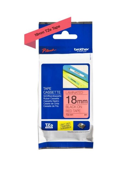 Brother TZe441 Fita Laminada Original de Etiquetas - Texto preto sobre fundo vermelho - Largura 18mm x 8 metros