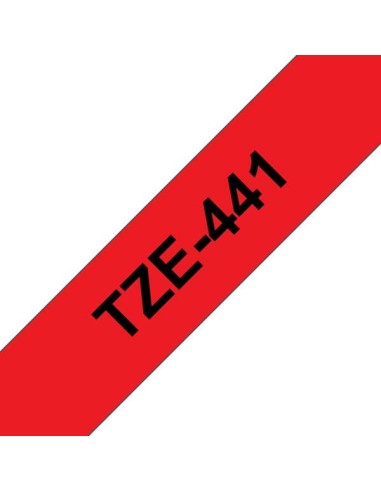 Brother TZe441 Fita Laminada Original de Etiquetas - Texto preto sobre fundo vermelho - Largura 18mm x 8 metros