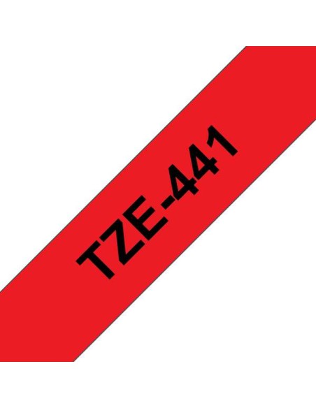 Brother TZe441 Fita Laminada Original de Etiquetas - Texto preto sobre fundo vermelho - Largura 18mm x 8 metros