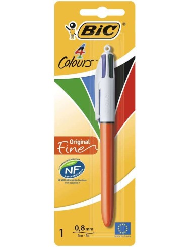 Bic 4 Cores Original Fine Caneta Esferográfica Retrátil - Ponta Fina de 0,8mm - Tinta à Base de Óleo - Corpo Vermelho/Branco - 