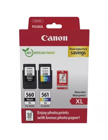 Canon PG560XL Preto + CL561XL Cor Pack de 2 Cartuchos de Tinta Originais - 50 Folhas de Papel Fotográfico - 3712C008/3712C004