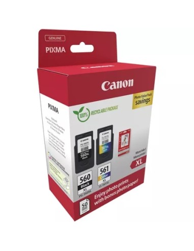 Canon PG560XL Preto + CL561XL Cor Pack de 2 Cartuchos de Tinta Originais - 50 Folhas de Papel Fotográfico - 3712C008/3712C004
