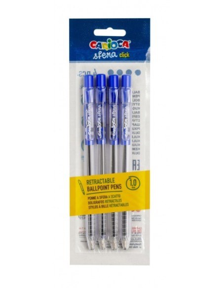 Carioca Sfera Pack de 4 Canetas Retráteis - Ponta Ø 1mm - Clique Fácil e Confortável - Escrita Suave e Fluida - Cor Azul