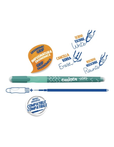 Carioca Oops Caneta Apagável - Tinta Termossensível - Empunhadura Ergonômica Triangular - Ponta de Ø 0,7mm - Borracha Dupla - R