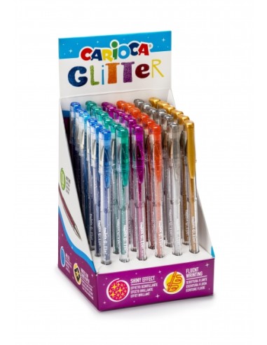 Carioca Glitter Gel Expositor de 36 Canetas - Ponta Ø 1mm - Tinta Gel Glitter - para Superfícies Escuras - Escrita Brilhante e 