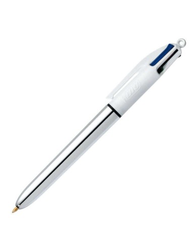 Bic 4 Cores Shine Caneta Esferográfica Retrátil - Ponta de 1mm - Traço de 0,4mm - Tinta à Base de Óleo - Corpo Prata/Branco - 4