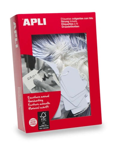 Apli Pacote de 500 Etiquetas Suspensas 36x53mm - Furo Pré-perfurado - Com Fio de Poliéster Branco - Cor Branca