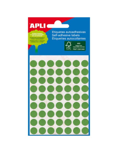 Apli Minibolsa de 288 Etiquetas Redondas Ø 8mm - 3 Folhas de 96 Etiquetas - Adesivo Permanente - Cor Verde