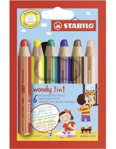 Stabilo Woody 3 em 1 Pack de 6 Lápis de Cores - Lápis de Cor, Cera e Aquarela, Tudo em Um - Mina XXL 10mm - Cores Sortidas