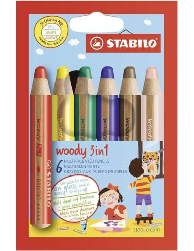Stabilo Woody 3 em 1 Pack de 6 Lápis de Cores - Lápis de Cor, Cera e Aquarela, Tudo em Um - Mina XXL 10mm - Cores Sortidas