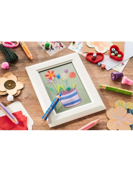 Stabilo Woody 3 em 1 Pack de 6 Lápis de Cores - Lápis de Cor, Cera e Aquarela, Tudo em Um - Mina XXL 10mm - Cores Sortidas