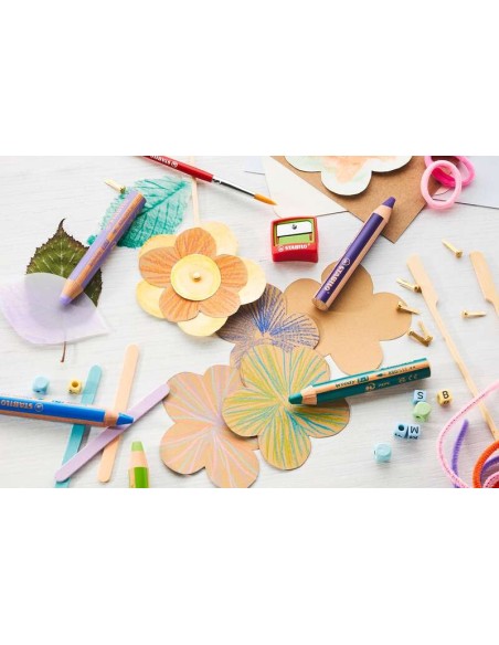 Stabilo Woody 3 em 1 Pack de 6 Lápis de Cores - Lápis de Cor, Cera e Aquarela, Tudo em Um - Mina XXL 10mm - Cores Sortidas