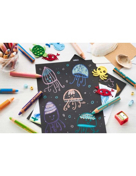 Stabilo Woody 3 em 1 Pack de 6 Lápis de Cores - Lápis de Cor, Cera e Aquarela, Tudo em Um - Mina XXL 10mm - Cores Sortidas