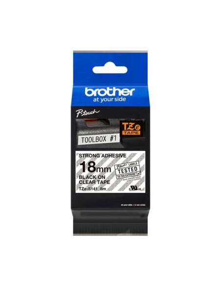 Brother TZeS141 Fita Laminada Super Adesiva Original para Etiquetas - Texto preto sobre fundo transparente - Largura 18mm x 8 m