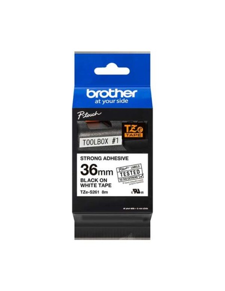 Fita Laminada Super Adesiva Original Brother TZeS261 para Etiquetas - Texto preto sobre fundo branco - Largura 36mm x 8 metros