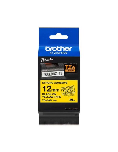 Brother TZeS631 Fita Laminada Super Adesiva Original de Etiquetas - Texto preto sobre fundo amarelo - Largura 12mm x 8 metros