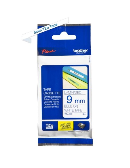 Brother TZe223 Fita Laminada Original de Etiquetas - Texto azul sobre fundo branco - Largura 9mm x 8 metros